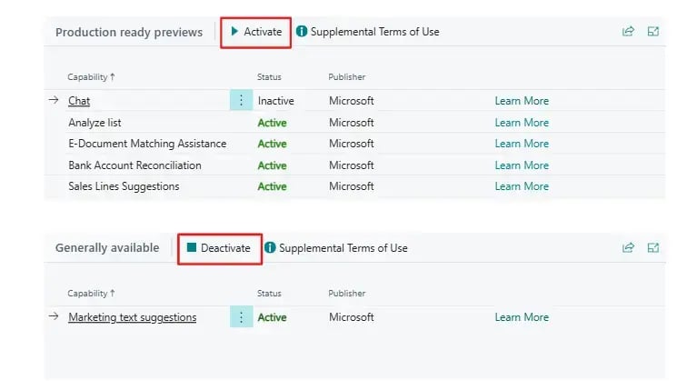 new copilot admin scherm business central