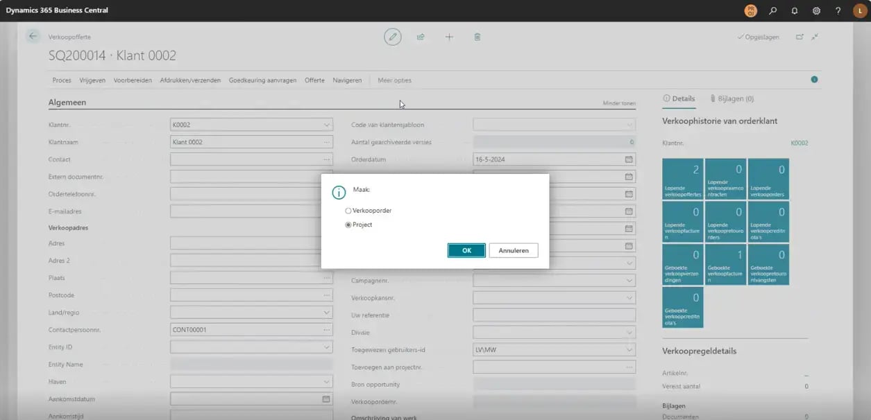 Screenshot Microsoft Dynamics 365 Business Central keuze tussen verkooporder of project maken vanuit offerte